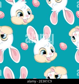 Seamless vector pattern with Easter concept. Heads of cute white bunnies and easter eggs. Colorful illustration isolated on turquoise background. For Stock Vector