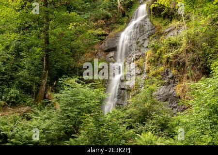 Long exposure of the waterfall flowing over the cliff at Canonteign Falls in Dartmoor Stock Photo