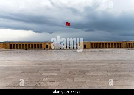 ISTANBUL, TURKEY - 14 DECEMBER 2020: Panoramic view of Ankara city from above from Ataturk tomb under cloudy skies. Turkish flag waving over Ankara. S Stock Photo