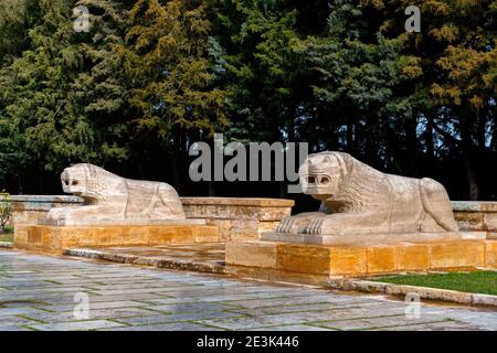 ANKARA, TURKEY - 14 DECEMBER 2020: close up of lion statues in Mausoleum of Ataturk in Anitkabir outside Stock Photo