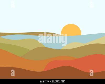 View of the sea from the mountains in a minimalistic style. Seascape in a flat style. Wavy landscape boho decor. Mid Century modern decor. Vector illu Stock Vector