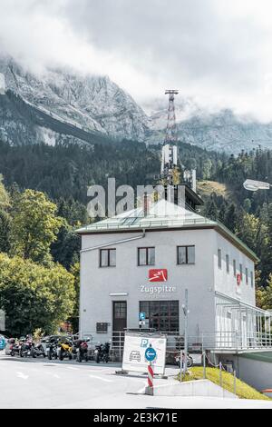 Zugspitze, Germany - Aug 5, 2020: Cable car station by Eibsee lake in summer Stock Photo