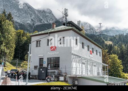 Zugspitze, Germany - Aug 5, 2020: Cable car station by Eibsee lake in summer Stock Photo