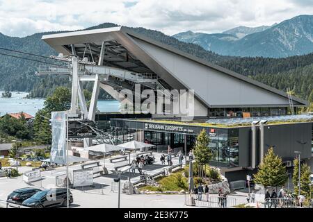 Zugspitze, Germany - Aug 5, 2020: Cable car station by Eibsee lake in summer Stock Photo