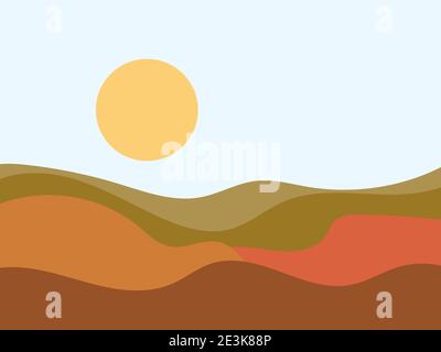 Green hills landscape in minimalist style. Boho decor for prints, posters and interior design. Mid Century modern decor. Green fields. Vector illustra Stock Vector