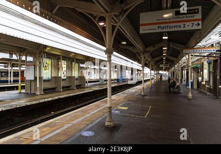 London, UK. 19th Jan, 2021. A deserted train platform in London, UK on January 18, 2021. Only 33,355 positive Covid cases have been recorded today, the lowest number of daily case since December 27th- before the start of England's third nationwide lockdown. Credit: May James/ZUMA Wire/Alamy Live News Stock Photo