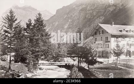 19th century vintage photograph: alpine village of Kandersteg, Switzerland. Kandersteg is a high-altitude resort village in the Bernese Oberland region of Switzerland. Stock Photo