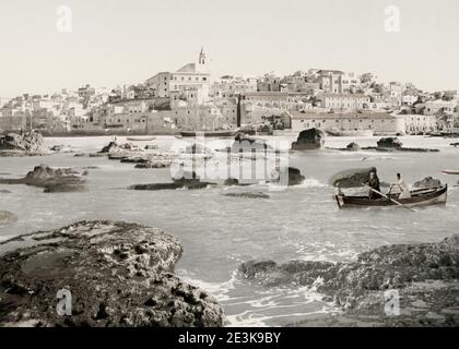 19th century vintage photograph: city of Jaffa from the sea, Palestine, modern Israel. Jaffa, in Hebrew Yafo and in Arabic Yafa and also called Japho or Joppa, the southern and oldest part of Tel Aviv-Yafo, is an ancient port city in Israel.