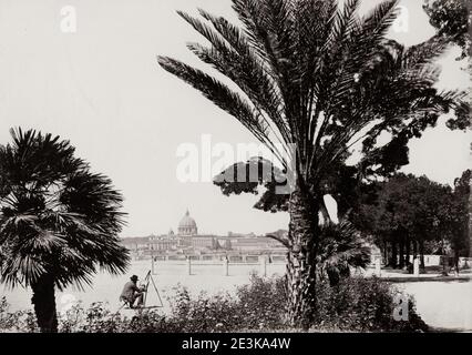 19th century vintage photograph: St Peter's Basilicia, Vatican from the Pincian Hill, Rome, Italy. Stock Photo