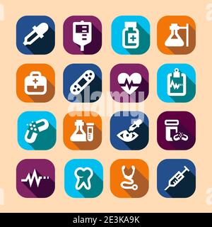 Long Shadows Medical Vector Icons Set. Stock Vector