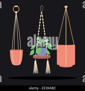 icon set of decorative plant and macrame hangers with pots for plants over black background, colorful design, vector illustration Stock Vector