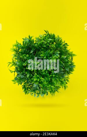 Green grassy ball, Leaf covered Earth on a yellow background. Concept day earth. Environmentally friendly planet Stock Photo