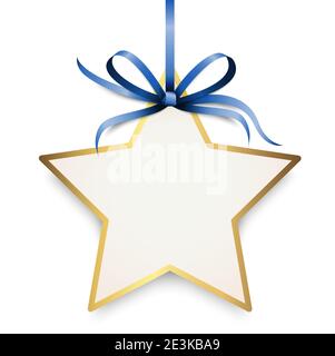 EPS 10 vector illustration of blue colored ribbon bow and gift band with shape of a golden star pendant for christmas greetings isolated on white back Stock Vector