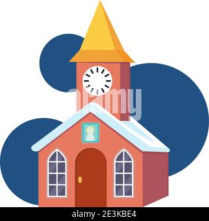 Colorful cartoon clock towerr. Small town building. Vector illustration for icon, site label, gift card or party decoration Stock Vector