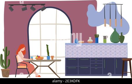 Vector drawing of woman sitting in the kitchen, stay at home concept Stock Vector