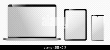 realistic electonic device mockups, shiny laptop, tablet computer and smartphone vector illustration Stock Vector