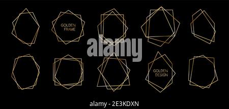 Set of golden polyhedron trendy frames. Abstract geometric thin line vector borders for invitations, premium decor Stock Vector