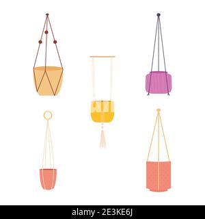 icon set of decorative macrame hangers with pots for plants over white background, colorful design, vector illustration Stock Vector