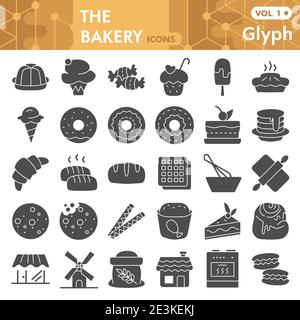 Bakery solid icon set, pastry symbols collection or sketches. Dessert signs for web, glyph style pictogram package isolated on white background Stock Vector