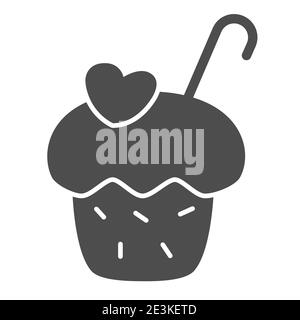 Muffin solid icon, bakery concept, sweet cake sign on white background, cupcake with cream and little heart decoration icon in glyph style for mobile Stock Vector