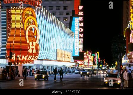 Colorful neon signs for casinos on Fremont Street in Downtown Las Vegas, Nevada Stock Photo