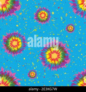 Holi festival inspired paint tie dye circles seamless vector pattern background. Irregular tropical color painterly spatter design on speckled Stock Vector