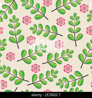 Elegant trendy abstract rose flower and leaves vector seamless pattern design for textile and printing. Ditsy floral texture with pinkish background Stock Vector