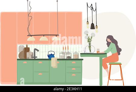 Vector drawing of woman sitting in the kitchen, stay at home concept Stock Vector