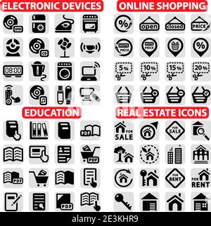 Elegant Vector Shopping, Education, Real Estate And Electronics Device Icons Set. Stock Vector