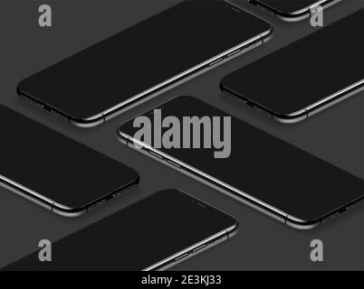 3D Mobile Phone Realistic Perspective Mockup Template Vector on Black Background Stock Vector