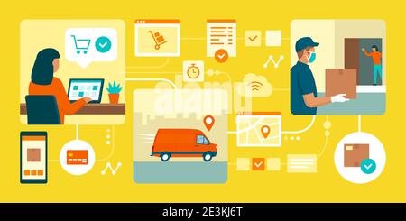 Online shopping, parcel tracking and courier delivering the box at home Stock Vector