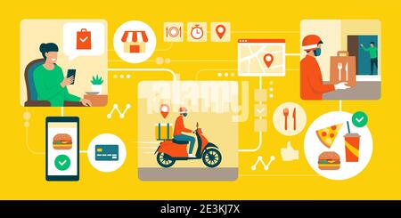 Woman ordering fast food online using her smartphone, she receives a bag with her meal at home Stock Vector
