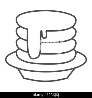 Breakfast pancakes with syrup and butter on a plate thin line icon, bakery concept, American breakfast sign on white background, Pancake icon in Stock Vector