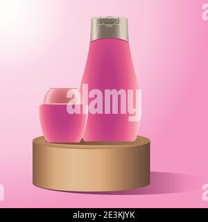 skin care pot and bottle pink products in golden stage vector illustration design Stock Vector