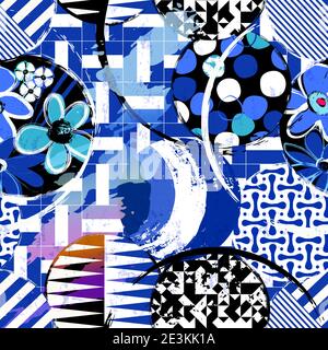 seamless geometric pattern background, with circles, ornaments, flowers, paint strokes and splashes Stock Vector