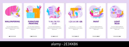 Furniture painting and wallpapering tools. Home repairs. Mobile app onboarding screens, vector website banner template. Stock Vector