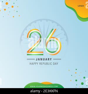 Indian Independence Day with Indian Flag Tri colors Ribbon 26 text with Ashoka wheel on sky Background. Stock Vector