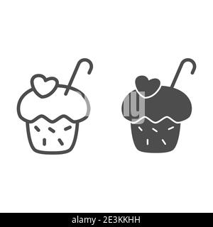 Muffin line and solid icon, bakery concept, sweet cake sign on white background, cupcake with cream and little heart decoration icon in outline style Stock Vector
