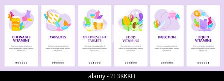 Chewable, liquid, food vitamins, capsules, tablets, injection. Mobile app screens, vector website banner template. Stock Vector