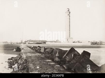 Vintage 19th century photograph: lighthouse Port Said, Egypt, Suez Canal. Stock Photo