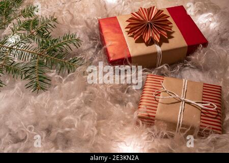 Flat Lay Handmade Decorative Gift Boxes on Woolen Fur Stock Photo