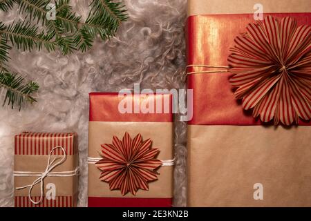 Arranged Handmade Decorative Christmas Gift Boxes Stock Photo