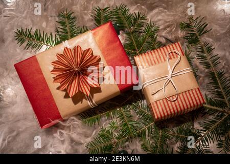 Flat Lay Handmade Decorative Gift Boxes on Woolen Fur Stock Photo
