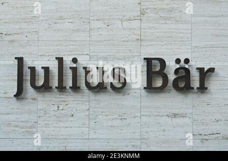 Lugano, Ticino, Switzerland - 14th January 2021 : Julius Baer Bank sign hanging on a building facade in Lugano. Julius Baer is a Swiss multinational p Stock Photo