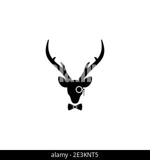 black flat deer with gentleman bow tie and lorgnette isolated on white. hipster avatar. gentleman. Retro party logo. Stock Vector