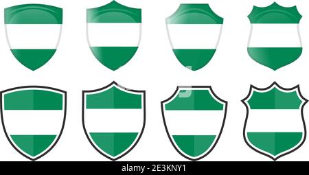 Vertical Nigeria flag in shield shape, four 3d and simple versions. Nigerian icon / sign Stock Vector