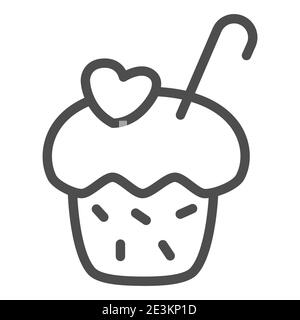 Muffin line icon, bakery concept, sweet cake sign on white background, cupcake with cream and little heart decoration icon in outline style for mobile Stock Vector