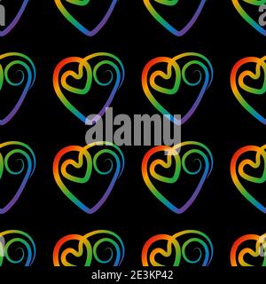 Hippie style.Pattern of rainbow hearts on a black background. Bright swirls in the shape of a heart rainbow symbol of love.Hearts for Valentine's Day. Stock Vector
