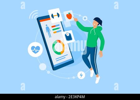 Sporty fit woman using a workout and meal planner app on her smartphone, fitness and technology concept Stock Vector
