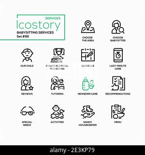 Babysitting services - vector line design style icons set. Choose the area and specialist, schedule, last-minute and newborn care, tutoring options, m Stock Vector